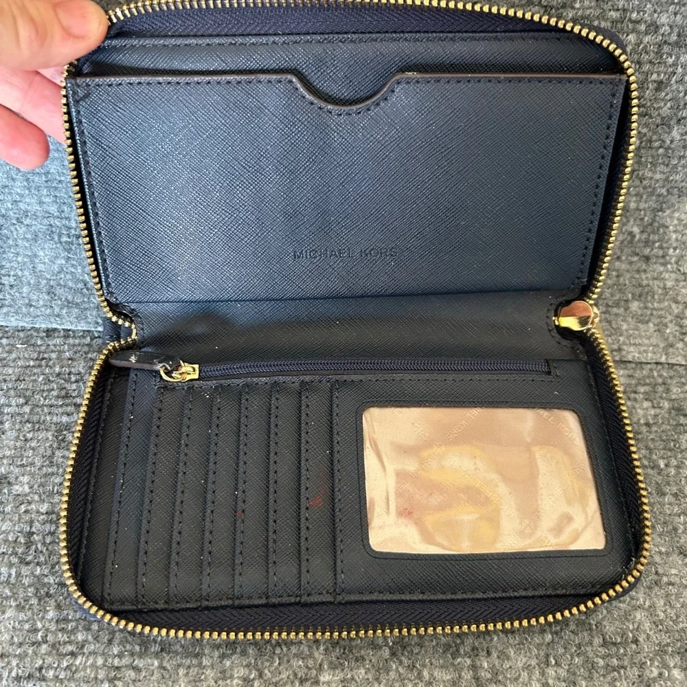 Michael Kors Jet Set Zip Around Wallet Navy Blue Saffiano Leather Gold Hardware